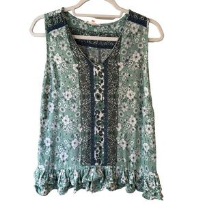 Rose & Thyme Elegant Floral Sleeveless Blouse in Green Size S Boho Ruffle Hem